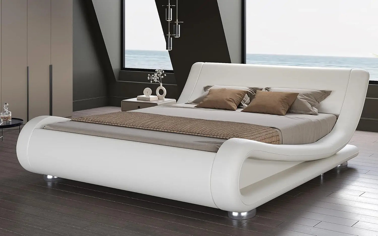 Folded Faux Leather Bed Frame With Ergonomic Headboard