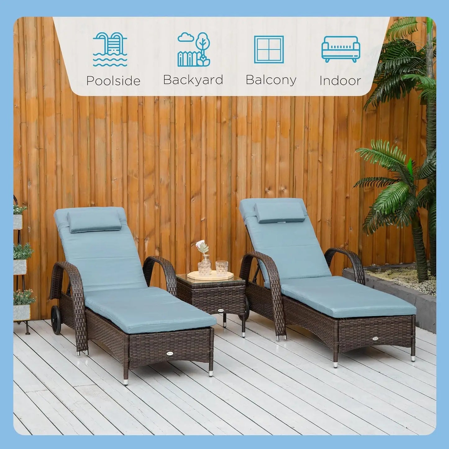 Wicker Outdoor Chaise Lounge Chair Set of 3 with Side Table 5-Level Adjustable Backrest PE Rattan Pool Lounge Chair with Wheels Cushion and Headrest Brown and Gray