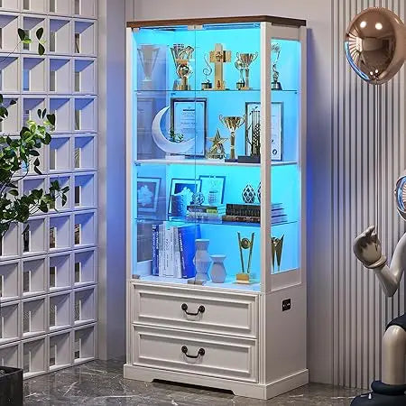Display Cabinet with Glass Doors 67 Inch Adjustable Display Shelf 2 Drawers and 4 Tier Curio Cabinet Tall Bookcase with 3 Color Options