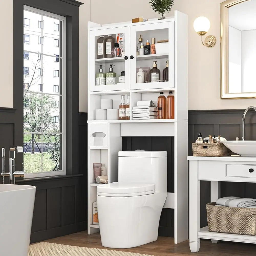 High Concerned Toilet Storage Cabinet With Clear Doors