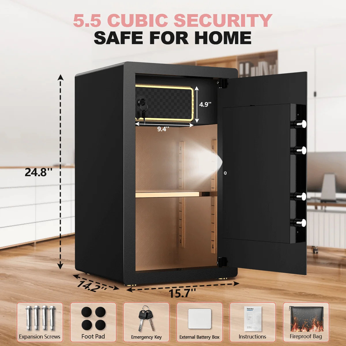 BESAFETY 5.5 Cuft Large Safe Box, Digital Keypad, LCD Screen, Security Home Safe with Interior Safe Lock Box, Removable Shelf