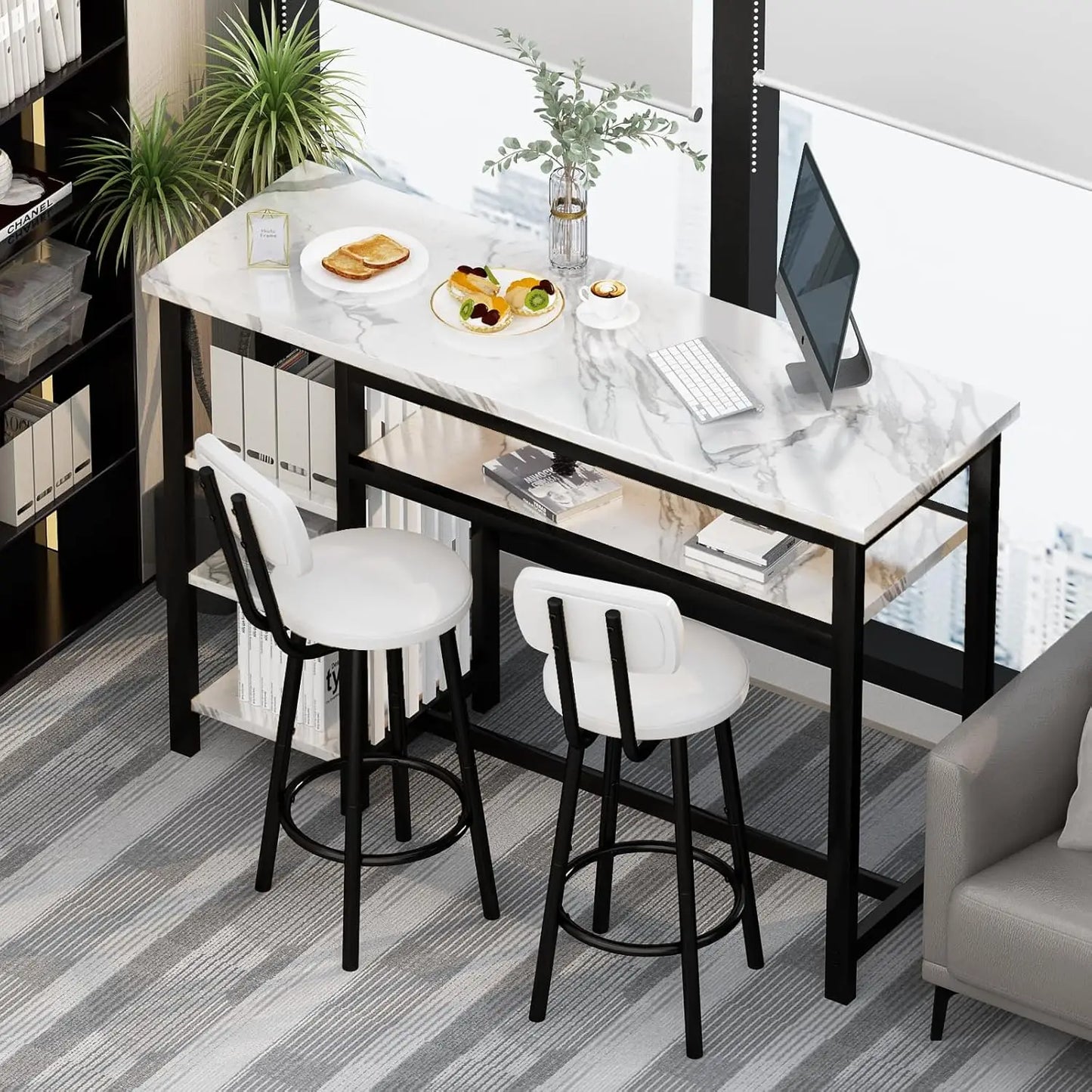 3 Piece Bar Table and Chairs Set Modern White Faux Marble Table with 2 PU Cushion Bar Stools and 3 Tier Storage Shelves Black Frame