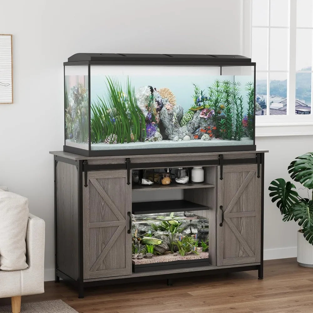 Farmhouse 55 to 75 Gallon Fish Tank Stand with Power Outlet Storage Cabinet and Sliding Barn Door Heavy Duty