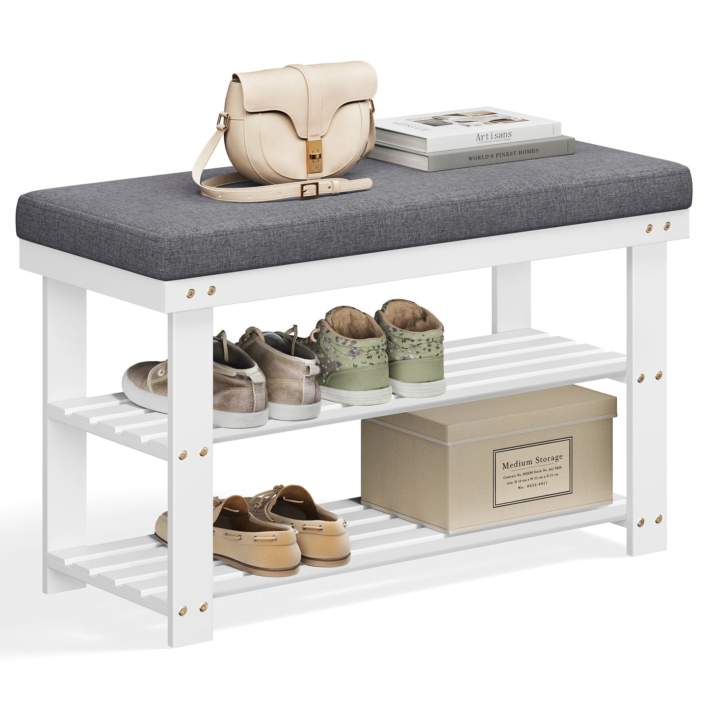 SONGMICS Bamboo 3 Tier Shoe Rack Stable Bench Seat Entryway