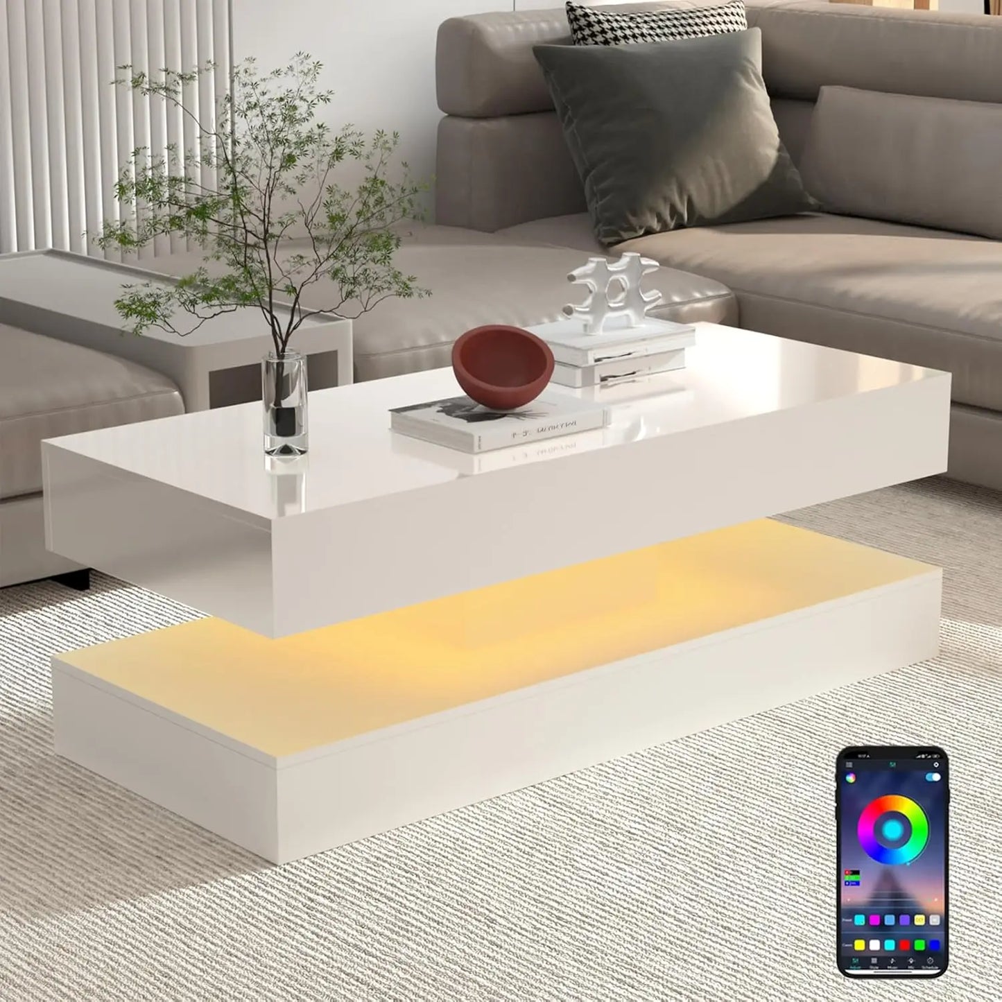 QiaoShiRen Modern LED Coffee Table With Double Layer Drawers