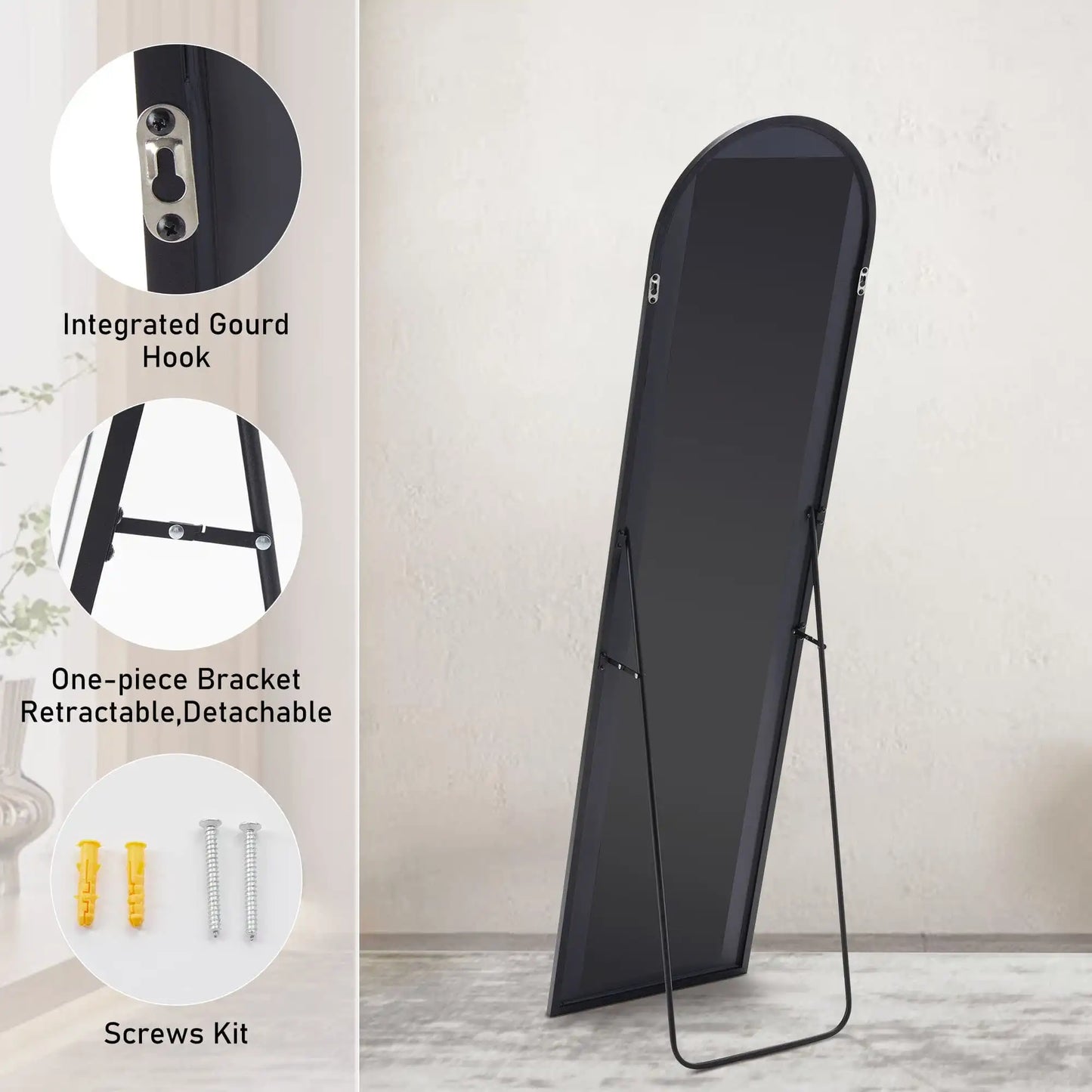 59 Inch Arched Full Length Floor Mirror with Bracket Aluminum Alloy Gold Finish