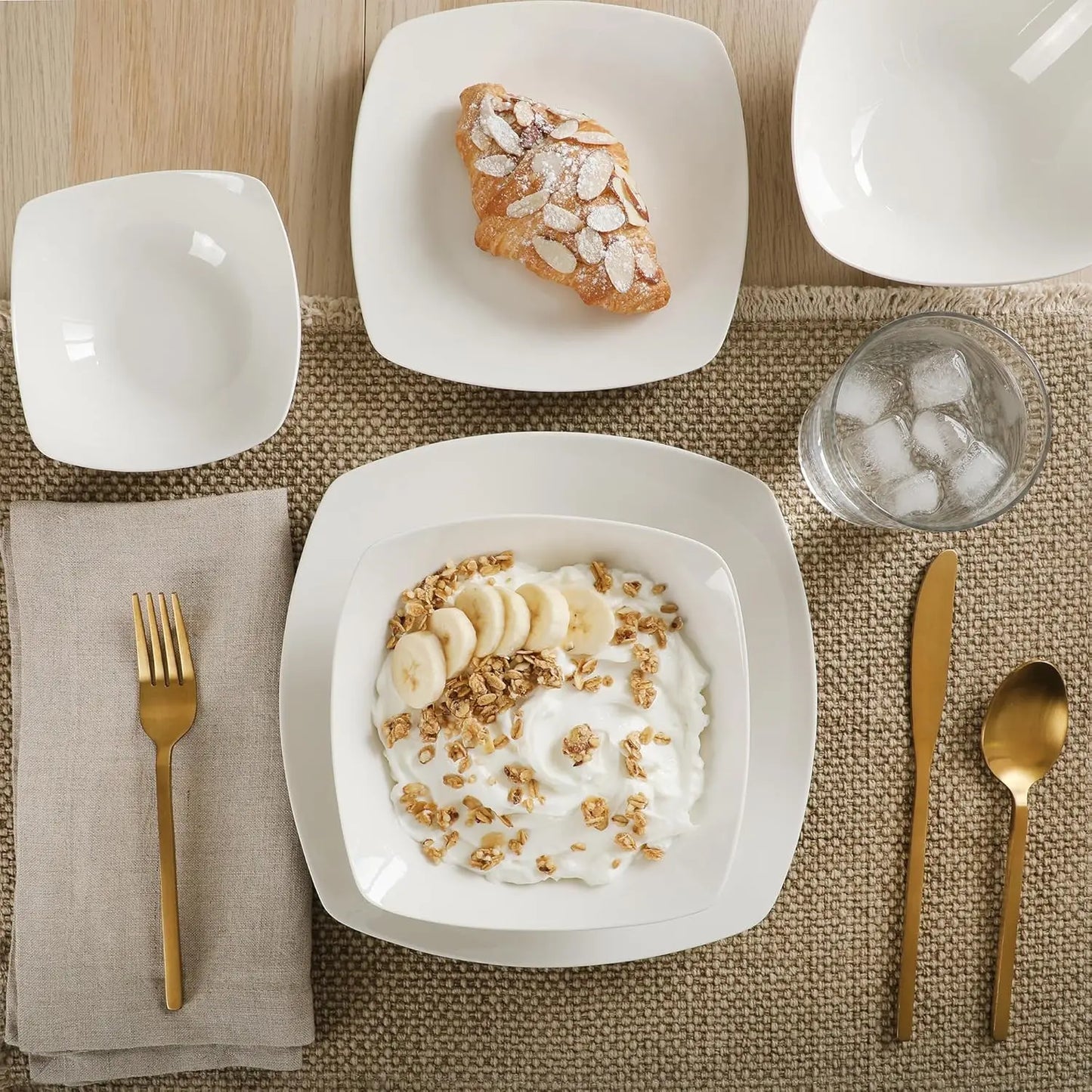 Brentwood 40-Piece Dinnerware Set - Square White Porcelain Plates and Bowls, Service for 8, Dishwasher & Microwave Safe, Modern