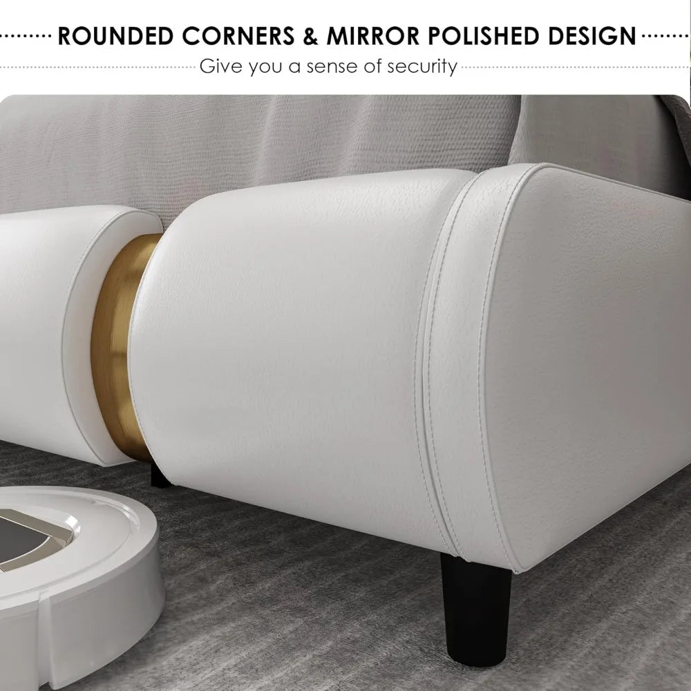 TTVIEW Modern Faux Leather Upholstered Platform Bed Frame with Golden Iron Metal Decor, Adjustable Curved Headboard, Wooden Slat