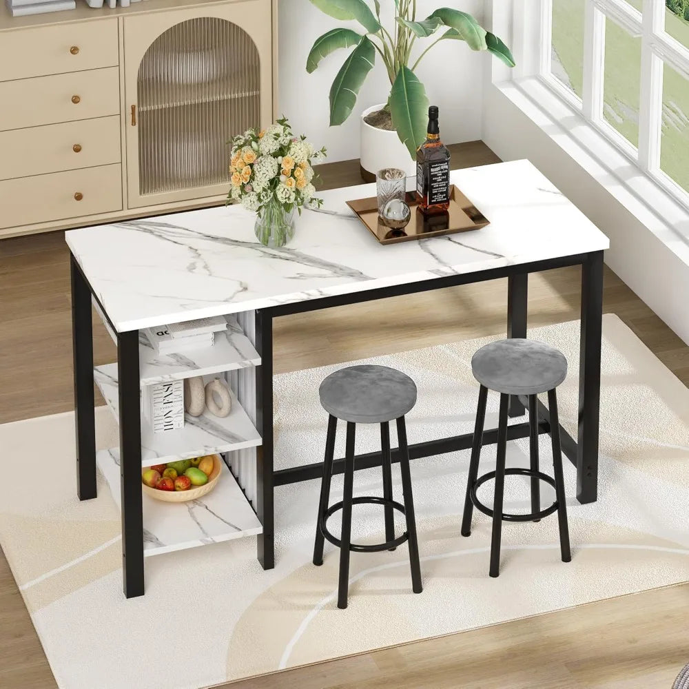 Bar Table Set with Storage Shelves, 47" Modern White Faux Marble Breakfast Table with 2 Velvet Stools, 3-Piece Dining Set for 2
