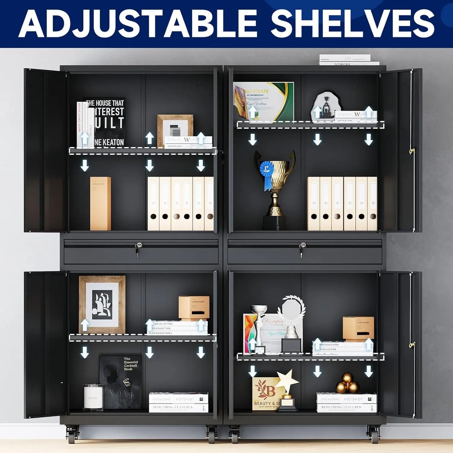 Metal Garage Storage Cabinet with Locking Doors and Adjustable Shelves, Rolling Tool Storage Cabinet with 4 Wheels