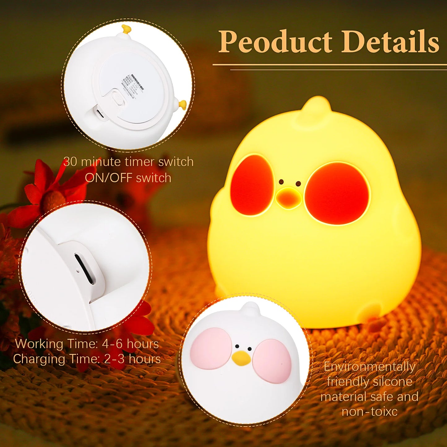 Tomshine RGB Changing Night Light Cute Chicken Nursery Lamp