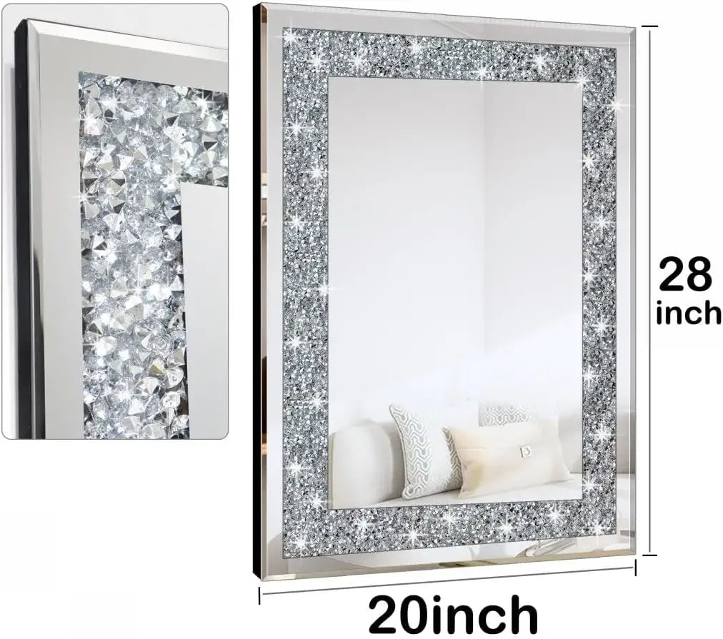 Crystal Crush Diamond Rectangle Wall Decoration 20x28 Inch Frameless Mirror Silver Acrylic Decor