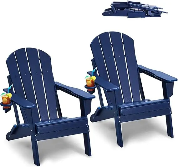 Folding Adirondack Chairs Set of 2 with Cup Holder All Weather Portable Plastic Fire Pit Chair Outdoor Adirondack Patio Chair