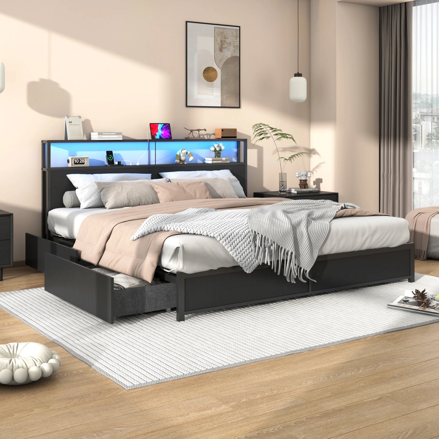 QiaoShiRen LED Bed Frame With Headboard Storage Drawers