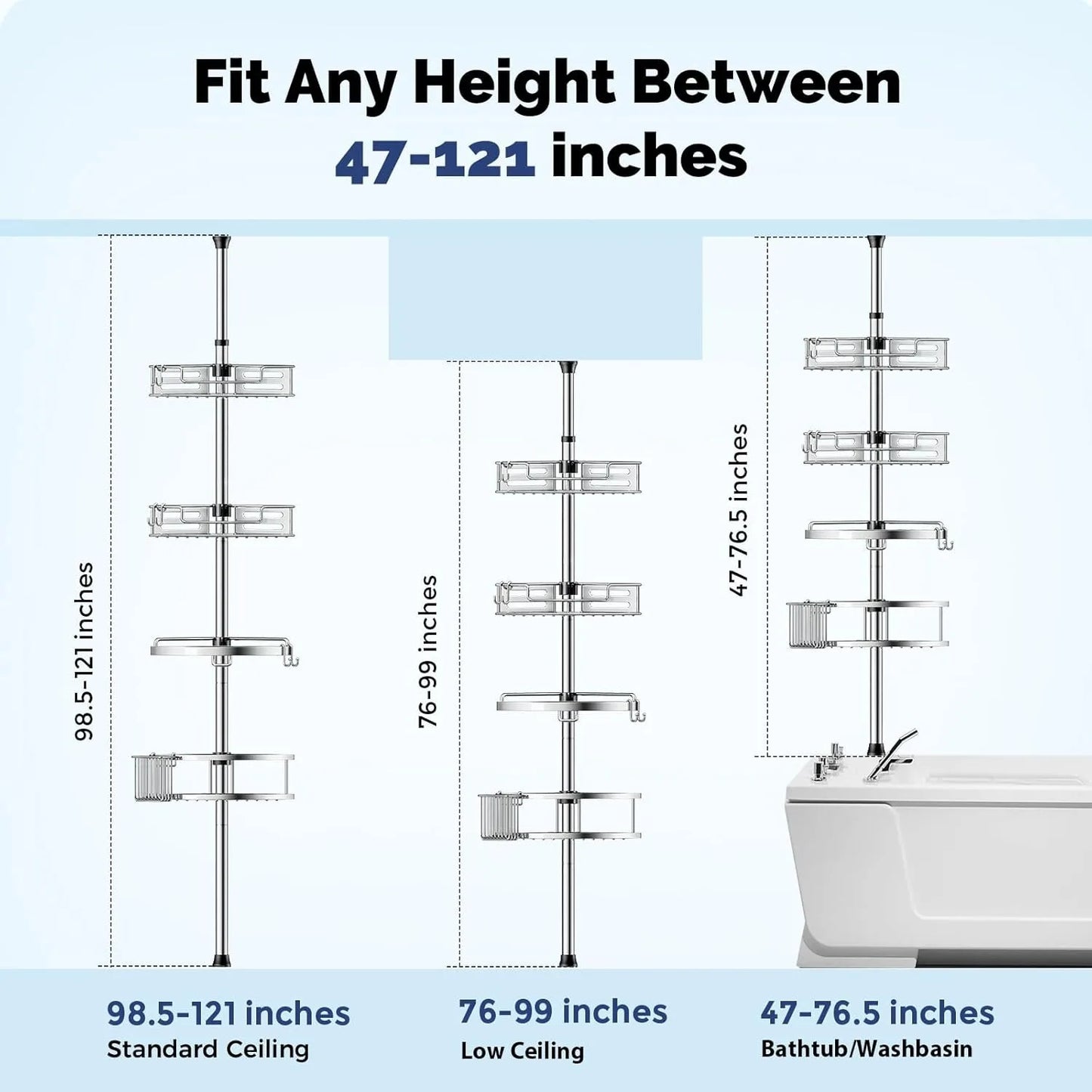 Corner Shower Caddy Tension Pole Quick Installation Four Tier Rustproof Bathroom Organizer Shelves for Shampoo and Bathtub Storage