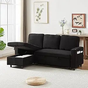 78.5 Inch Linen L Shaped Convertible Sofa Bed with Reversible Storage Chaise and Pull Out Sleeper Sofabed