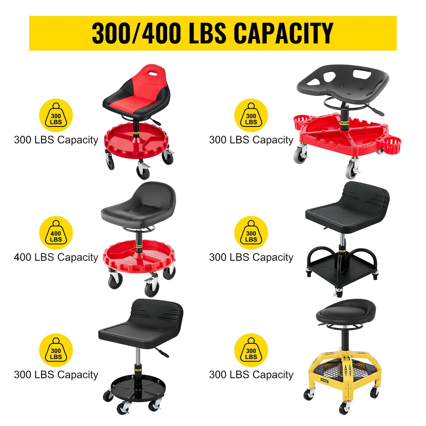 SucceBuy Rolling Garage Stool Adjustable Height Tool Tray