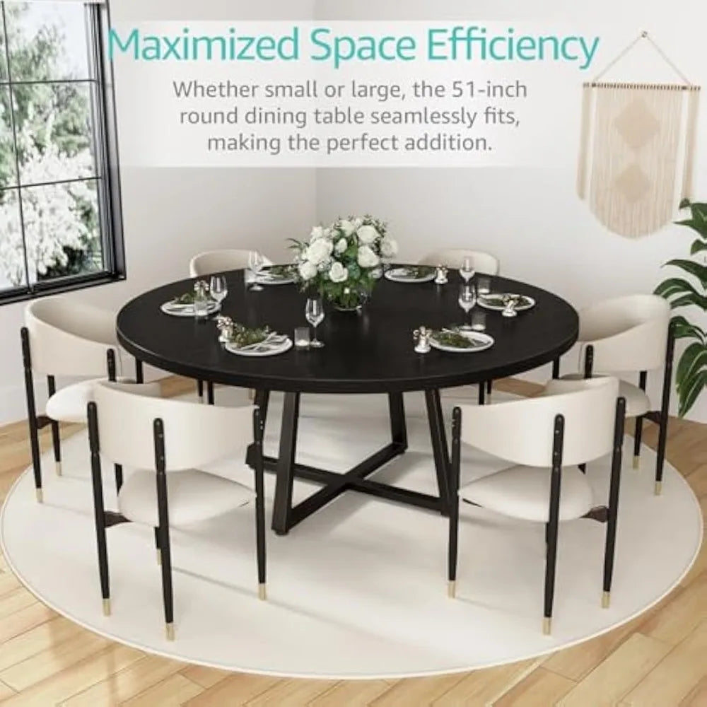 Black Round Dining Table for 6 - Modern Circle 51 Inch Large Room Kitchen Dinning Tables for 4 to 6 Person Seats Small Spaces Wo