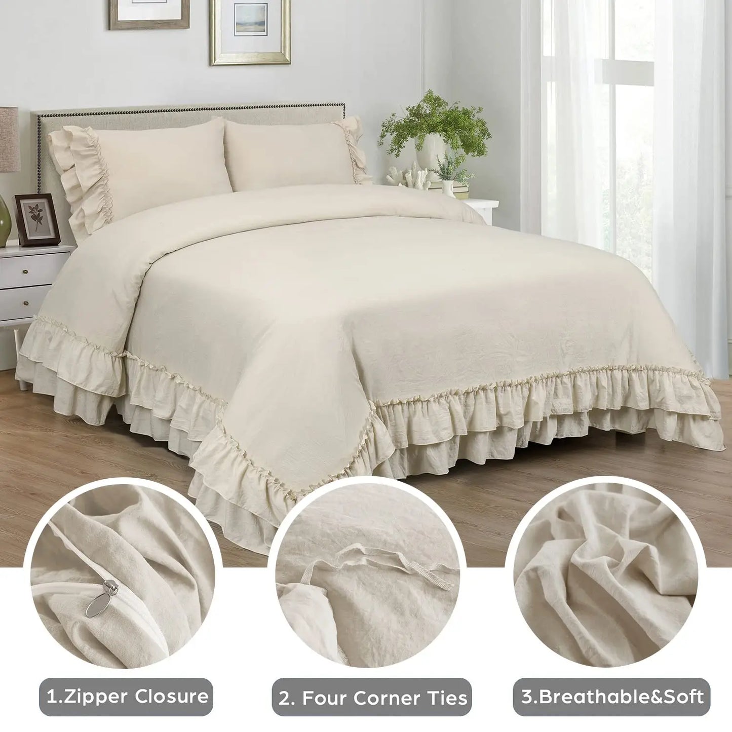 3 Piece Ruffled Duvet Cover Set Queen Farmhouse Ruffle Comforter Set Cozy Microfiber Bedding Set with 1 Ruffle Comforter and 2 Pillowcases