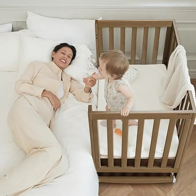 EvoNest 6 in 1 Convertible Baby Crib with Wheels 4 Adjustable Mattress Heights 100 Percent NZ Pinewood Walnut Brown MAMAZING