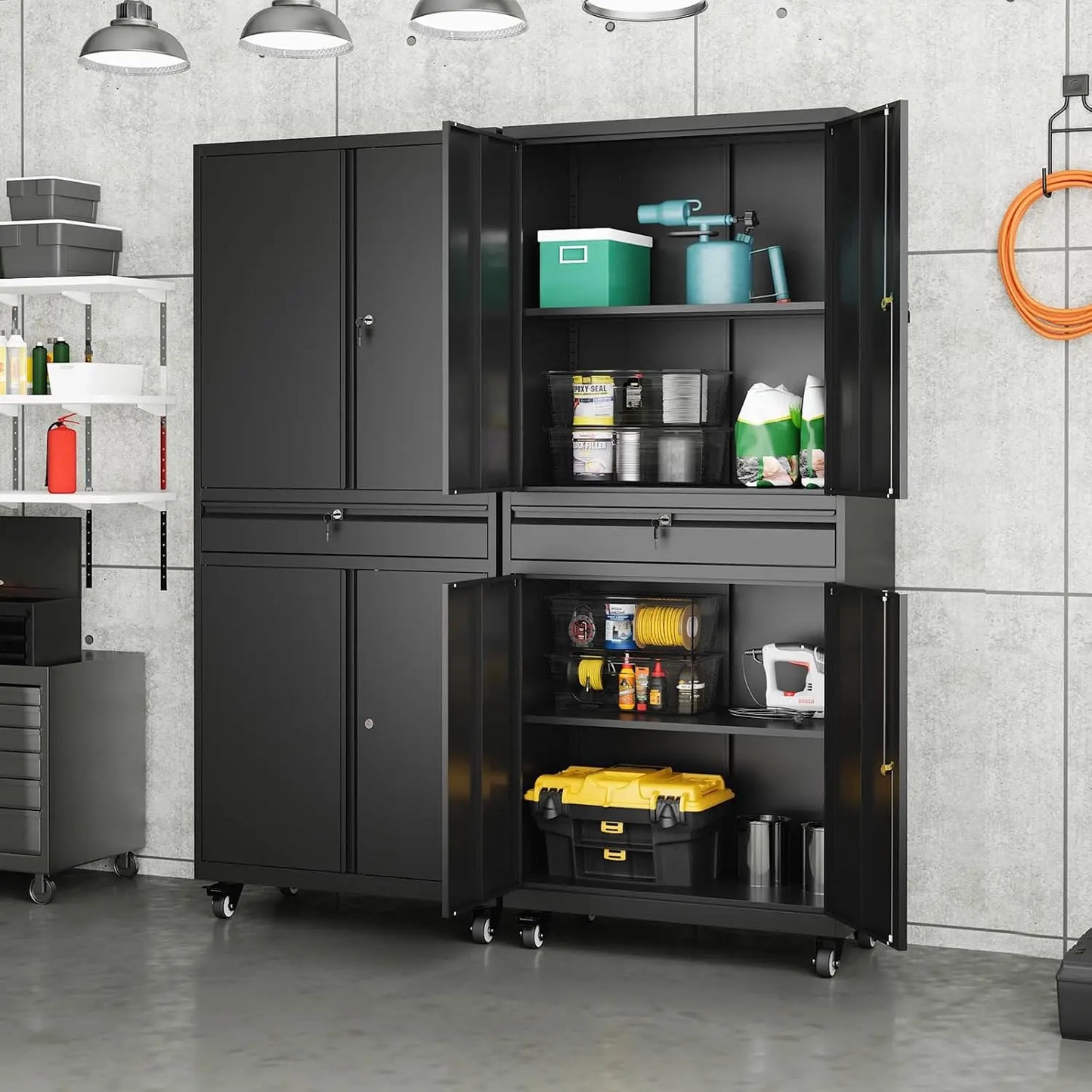 Metal Garage Storage Cabinet with Locking Doors and Adjustable Shelves, Rolling Tool Storage Cabinet with 4 Wheels