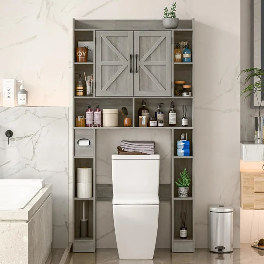 Farmhouse Storage Cabinet Over Toilet with Barn Doors Space-Saving Toilet Rack