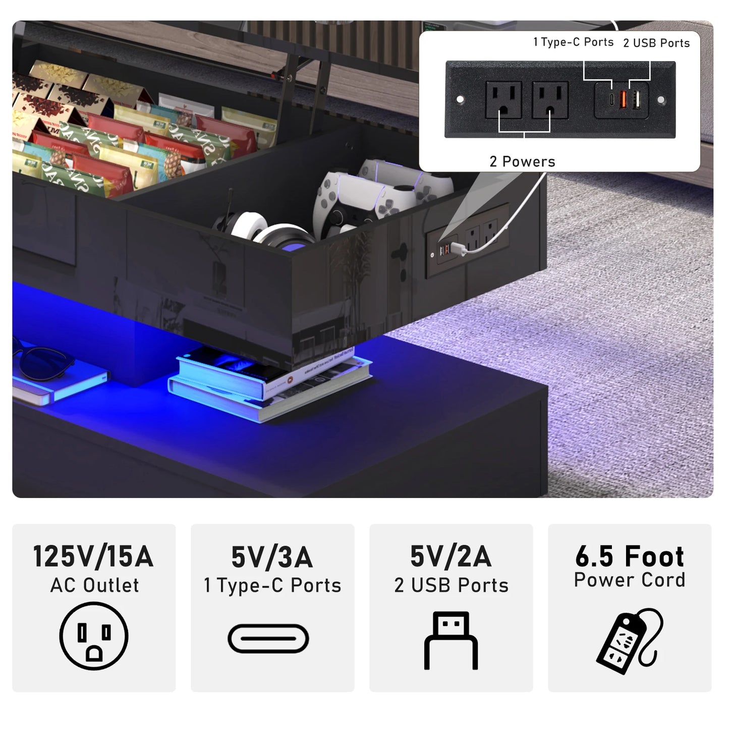 QiaoShiRen LED Coffee Table For Living Room With Storage