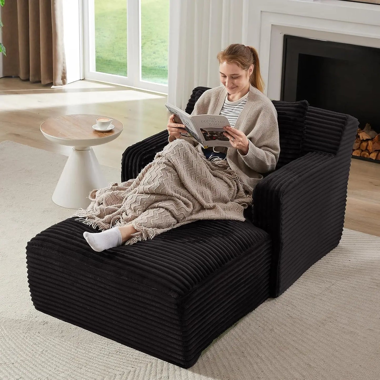 Chaise Lounge Chair Indoor, Upholstered Corduroy Single Lounge Sofa Couch, Comfy Reading Recliner Sleeper Sofa Chair Bed with A