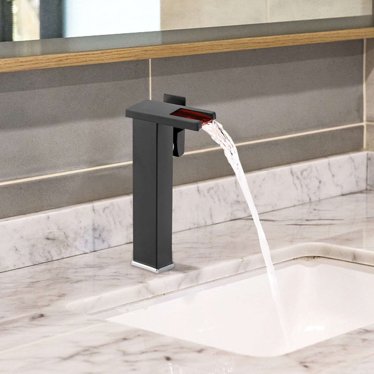Black Bathroom Vessel Faucet Led Light 3 Color Changing Waterfall Single Handle Bowl Sink Faucet with Hose