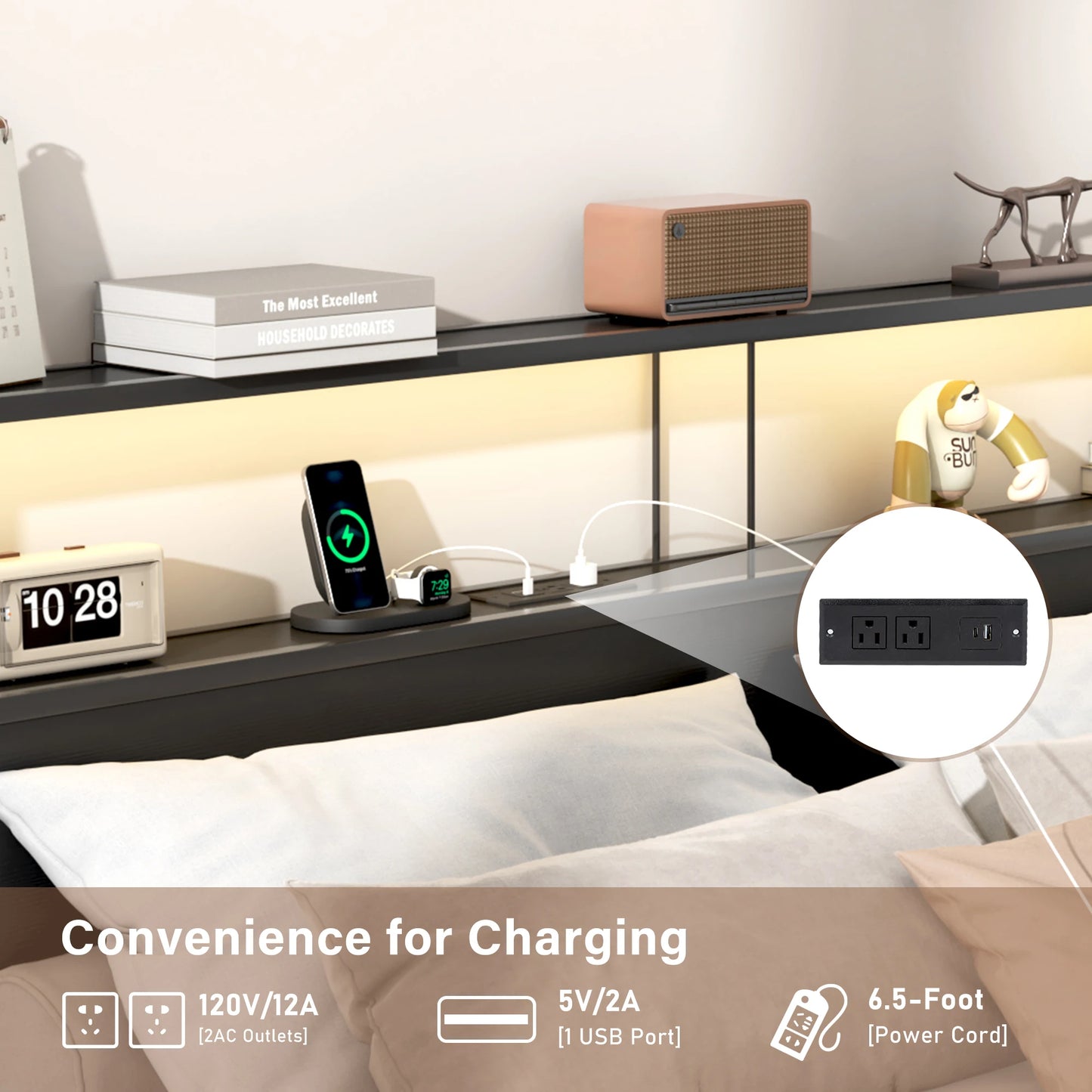 QiaoShiRen LED Bed Frame With Headboard Storage Drawers