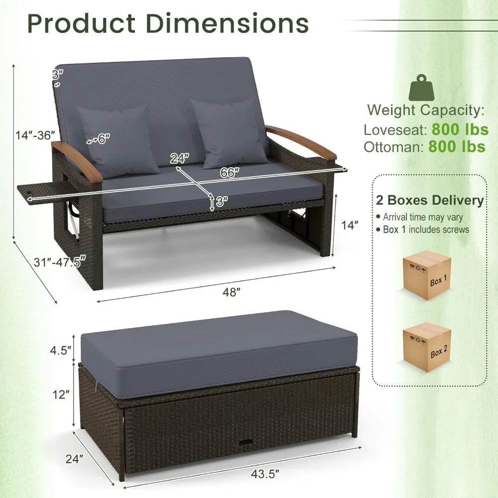 Patio Rattan Daybed Set with Cushioned Loveseat and Storage Ottoman Outdoor Double Chaise Lounger with Adjustable Back
