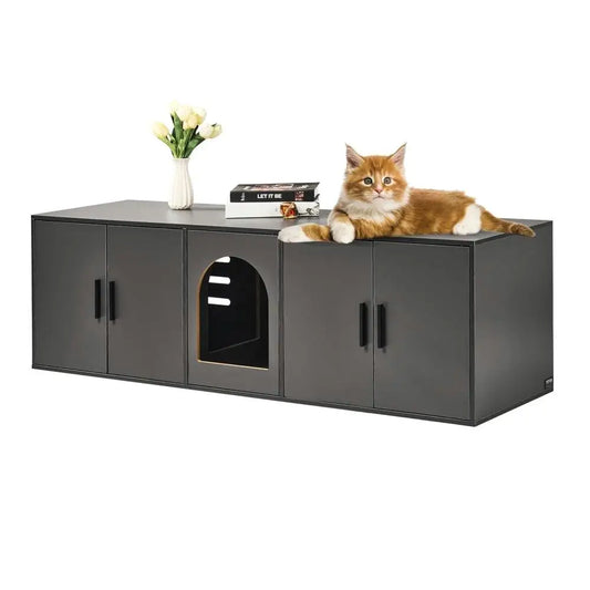 Cat Litter Box Furniture Solid Wood Extra Large 57.9 Inch Black Color