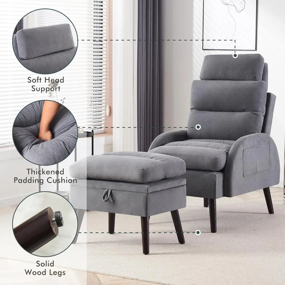 ZHUXIANG Velvet Accent Chair With Ottoman And Adjustable Backrest