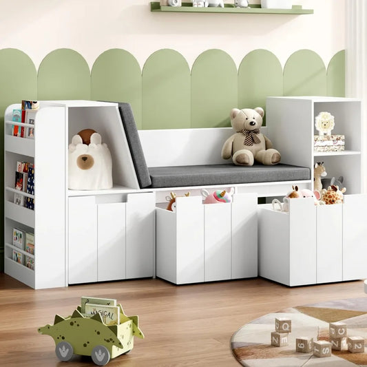 61.5" Kids Reading Nook with 3-Layer Bookshelf, Reading Nook for Kids with Double Bench and Rolling Drawers, Bookshelf and Toy S