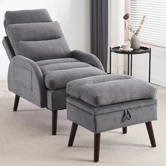 ZHUXIANG Velvet Accent Chair With Ottoman And Adjustable Backrest