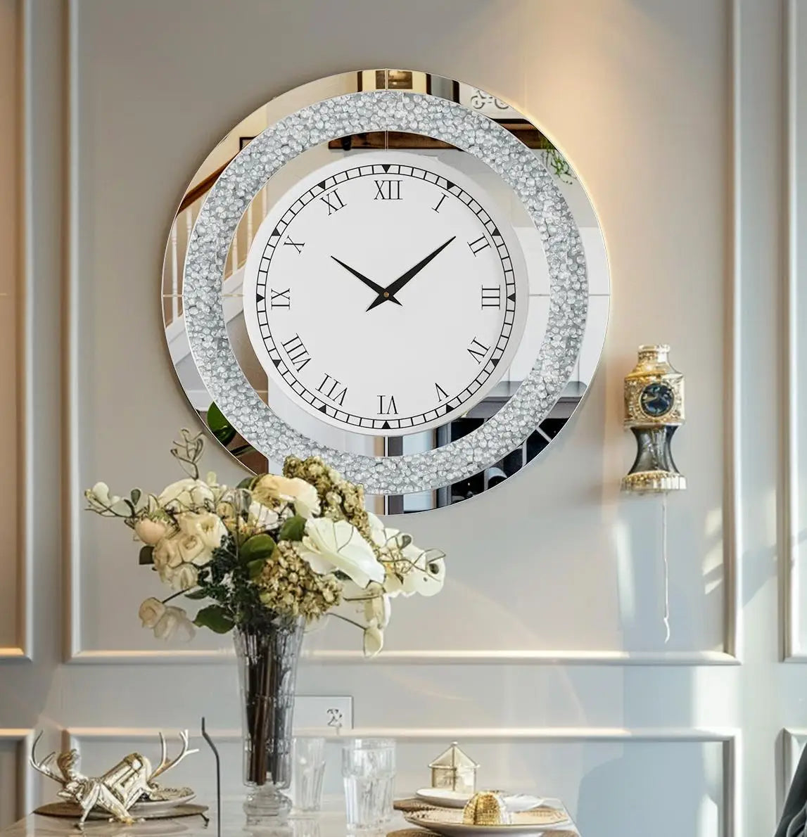 Bling Silver Round Mirror Clock Glam Sparkle Wall Decor