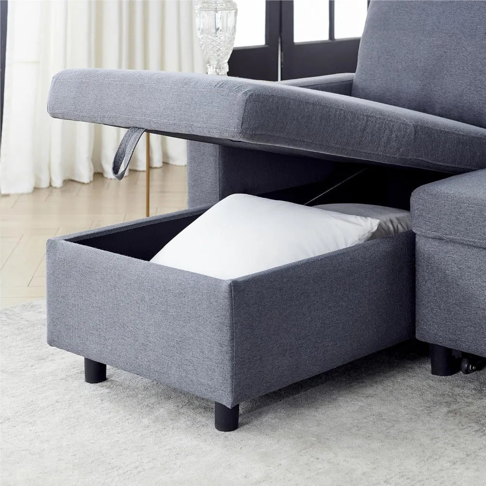 78.5 Inch Linen L Shaped Convertible Sofa Bed with Reversible Storage Chaise and Pull Out Sleeper Sofabed