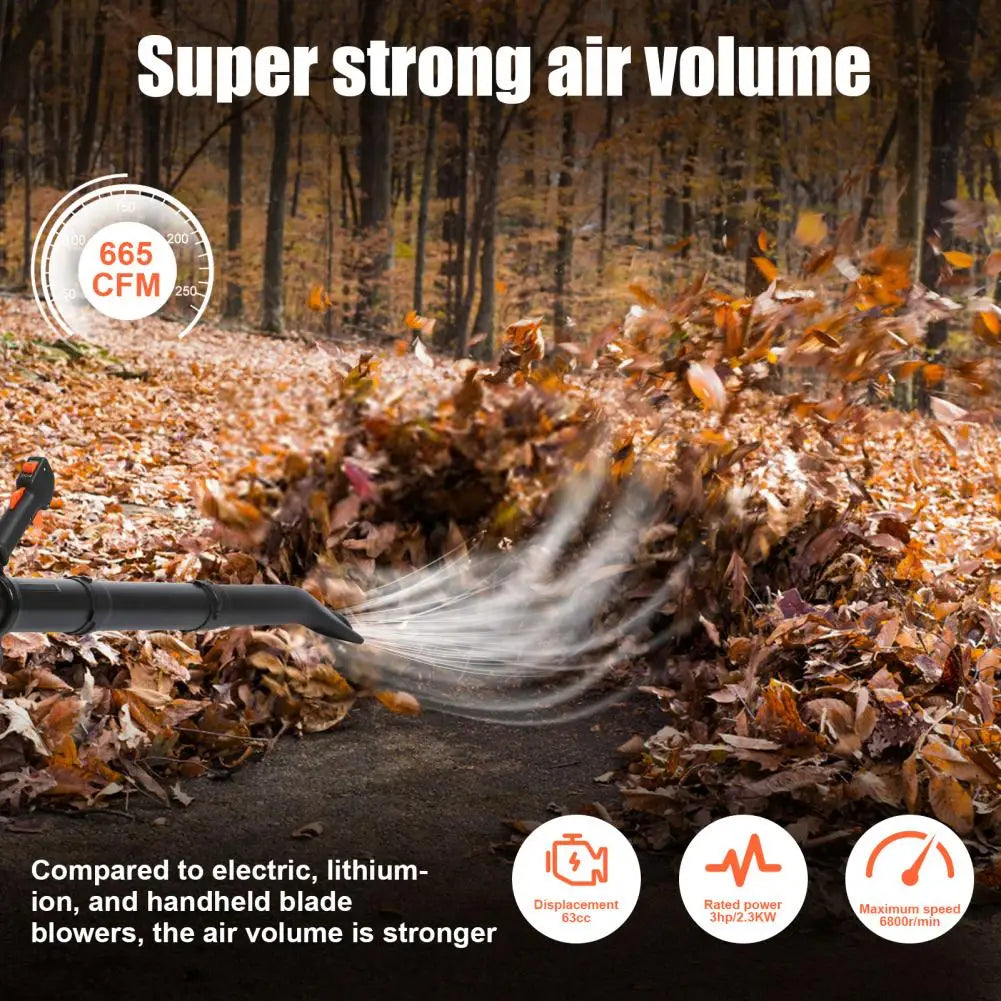 Backpack Leaf Blower 63CC Gas Powered 665CFM 2 Stroke Snow Blower Long Pipe 1.7L Fuel Tank