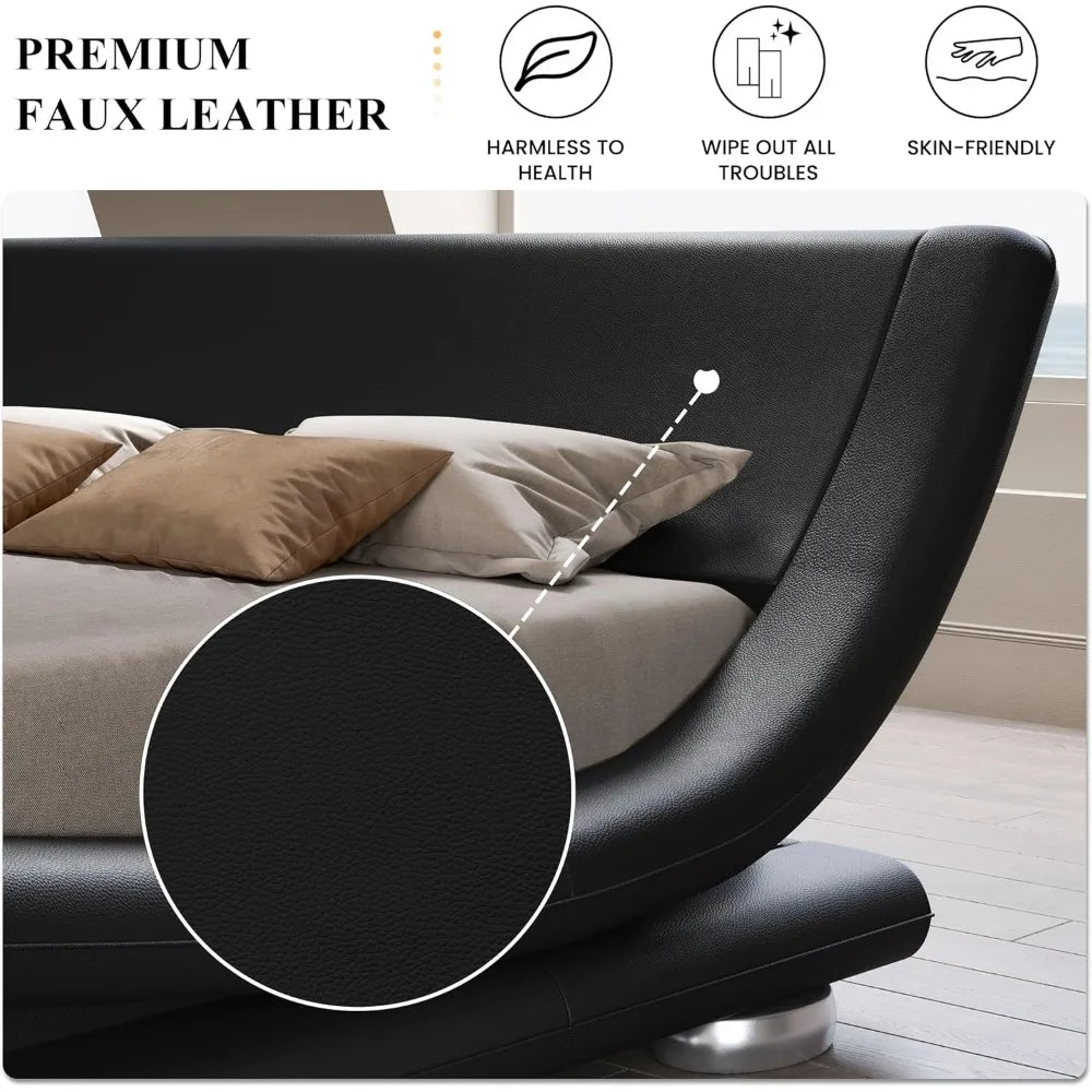 Folded Faux Leather Bed Frame With Ergonomic Headboard