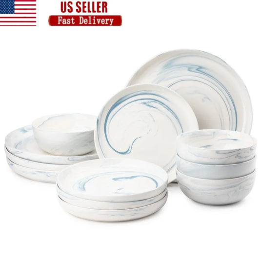 12 Piece Blue Marble Stoneware Dinnerware Set Microwave Safe Dishwasher Safe Kitchen Tableware