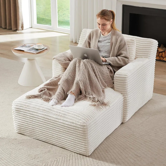 Chaise Lounge Chair Indoor, Upholstered Corduroy Single Lounge Sofa Couch, Comfy Reading Recliner Sleeper Sofa Chair Bed with A