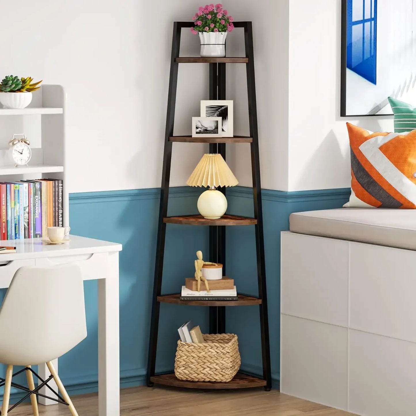 5 Tier Corner Bookshelf and Bookcase, 70 inch Tall Corner Shelves Standing Shelving Unit Indoor Plant Stand for Living Room