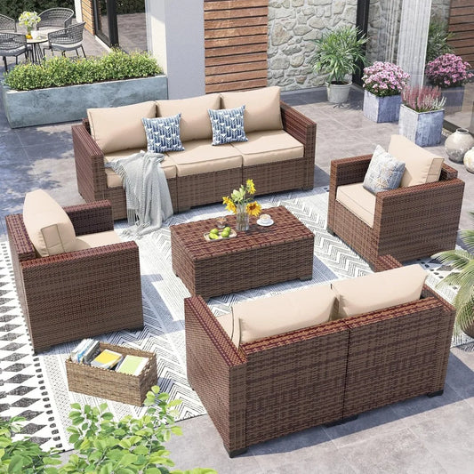 Outdoor Patio Furniture Set 5 Piece Patio Conversation Set with Storage Table Wide Armrest Sectional Sofa Waterproof Cover