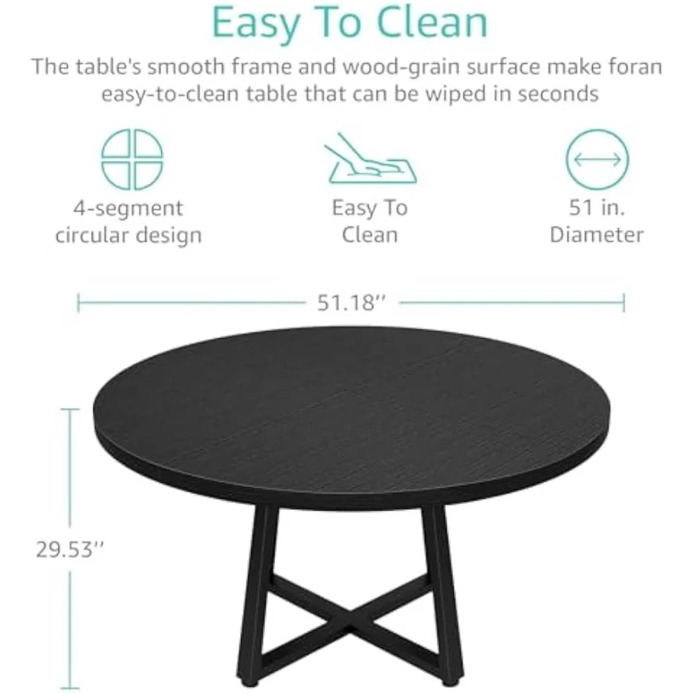 Black Round Dining Table for 6 - Modern Circle 51 Inch Large Room Kitchen Dinning Tables for 4 to 6 Person Seats Small Spaces Wo