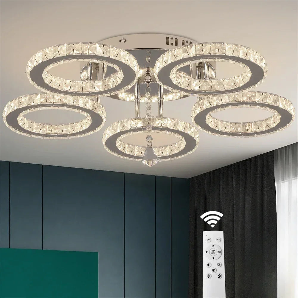 Modern Crystal Chandelier App Dimmable Ceiling Light Fixture Rings Shape Flush Mount for Bedroom Living Room