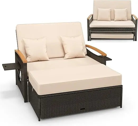 Patio Rattan Daybed Set with Cushioned Loveseat and Storage Ottoman Outdoor Double Chaise Lounger with Adjustable Back
