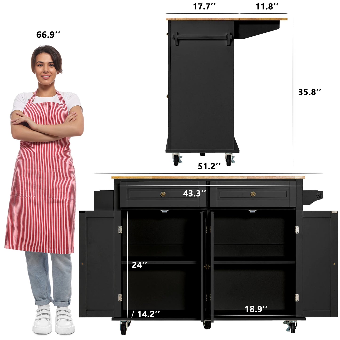 Rolling Kitchen Cart with Drop Leaf and Storage Cabinet