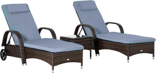 Wicker Outdoor Chaise Lounge Chair Set of 3 with Side Table 5-Level Adjustable Backrest PE Rattan Pool Lounge Chair with Wheels Cushion and Headrest Brown and Gray