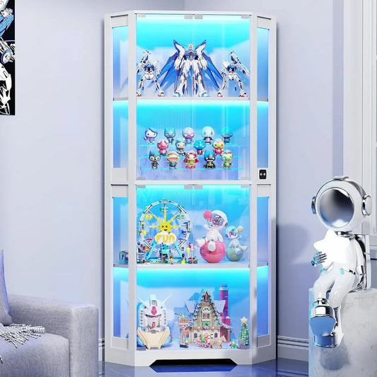 Corner Display Cabinet with Glass Doors Lighted Curio Display Case with 3 Color Lights for Collectibles 4-Tier Bookcase
