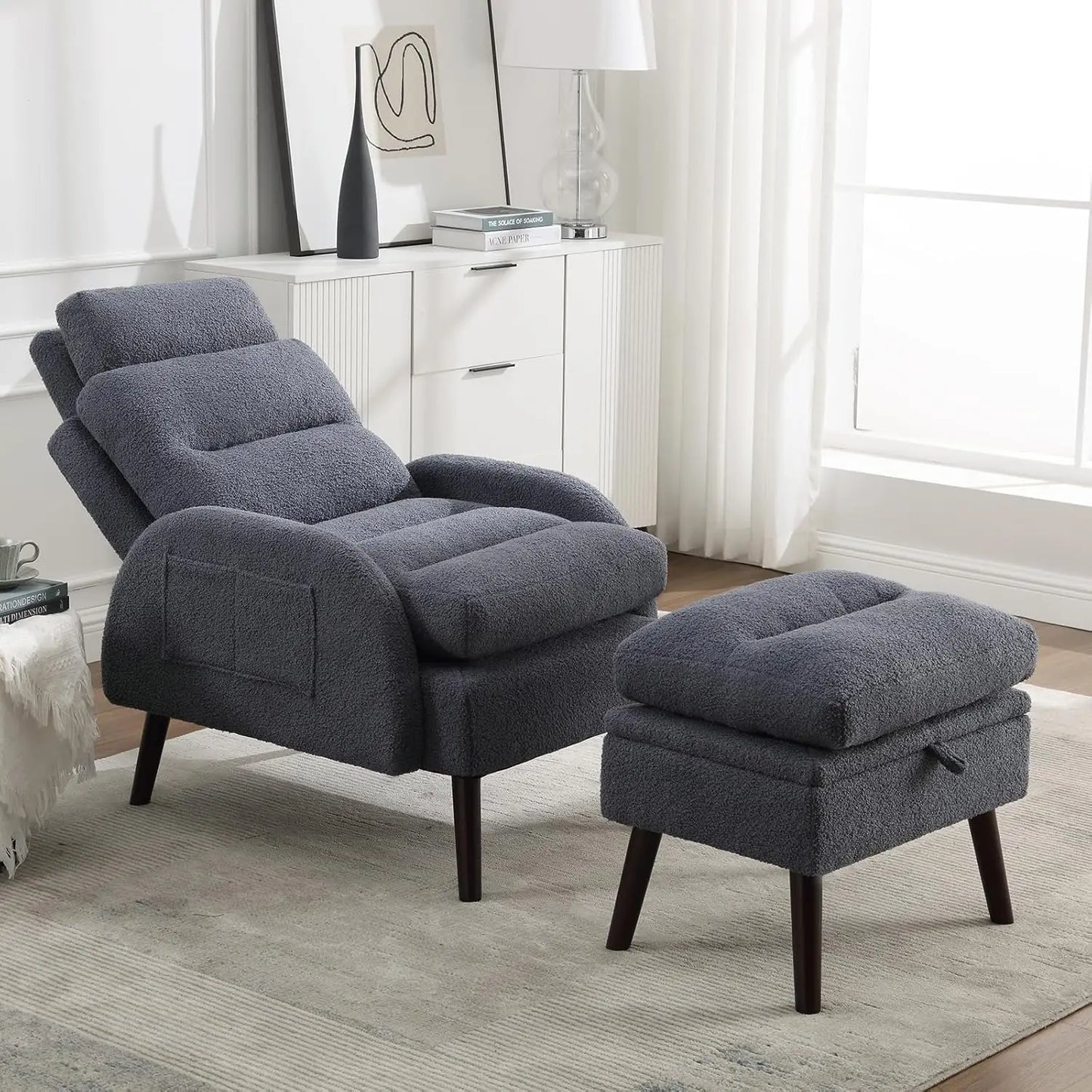 ZHUXIANG Velvet Accent Chair With Ottoman And Adjustable Backrest